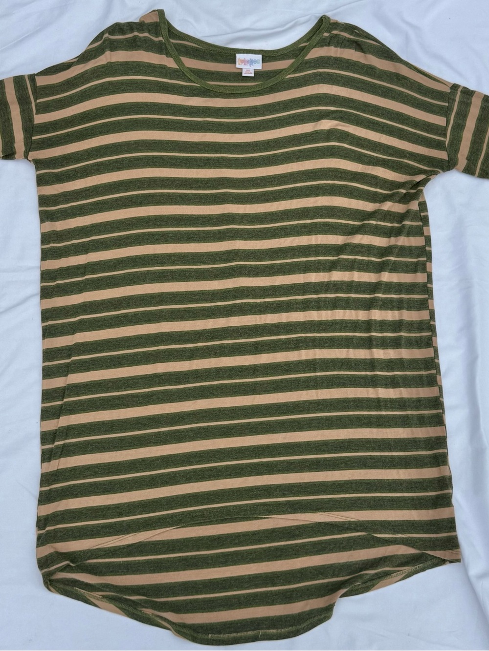 LuLaRoe Olive Green and Tan Striped Short Sleeve Tee